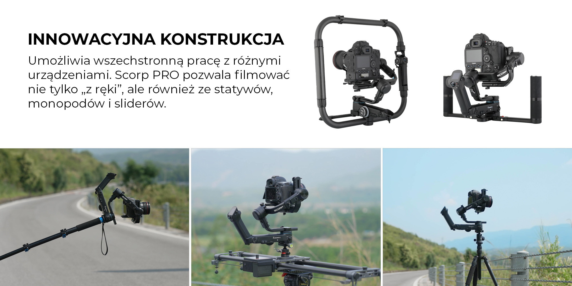 Gimbal ręczny FeiyuTech F4 Scorp Pro do aparatów VDSLR i kamer podczas pracy ze specjalnymi uchwytami, monopodem, statywem oraz sliderem.